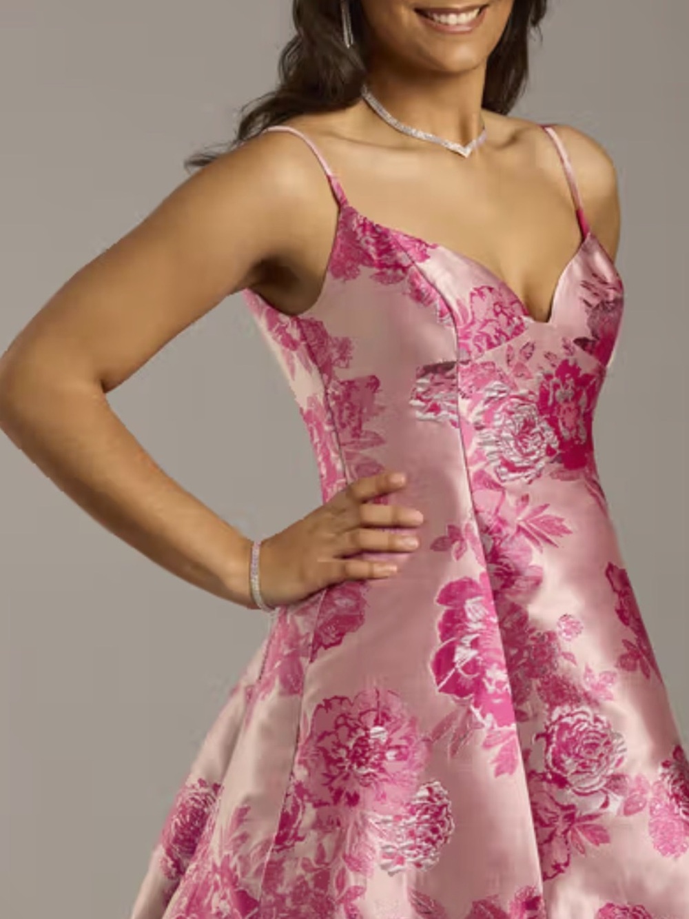 Floral Pink Satin Prom Gown with Spaghetti Straps